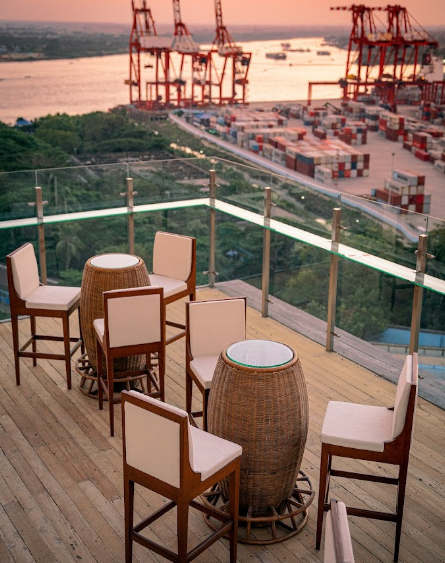 Terrace seating overlooking Yangon at sunset